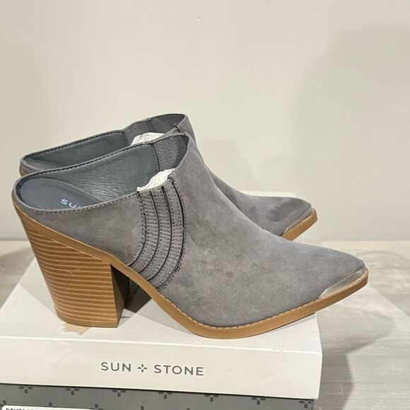 Sun+Stone Womens Deyzaa grey Metallic Pointed Toe Slip-On heels Mules Shoes 8.5 - Picture 5 of 10